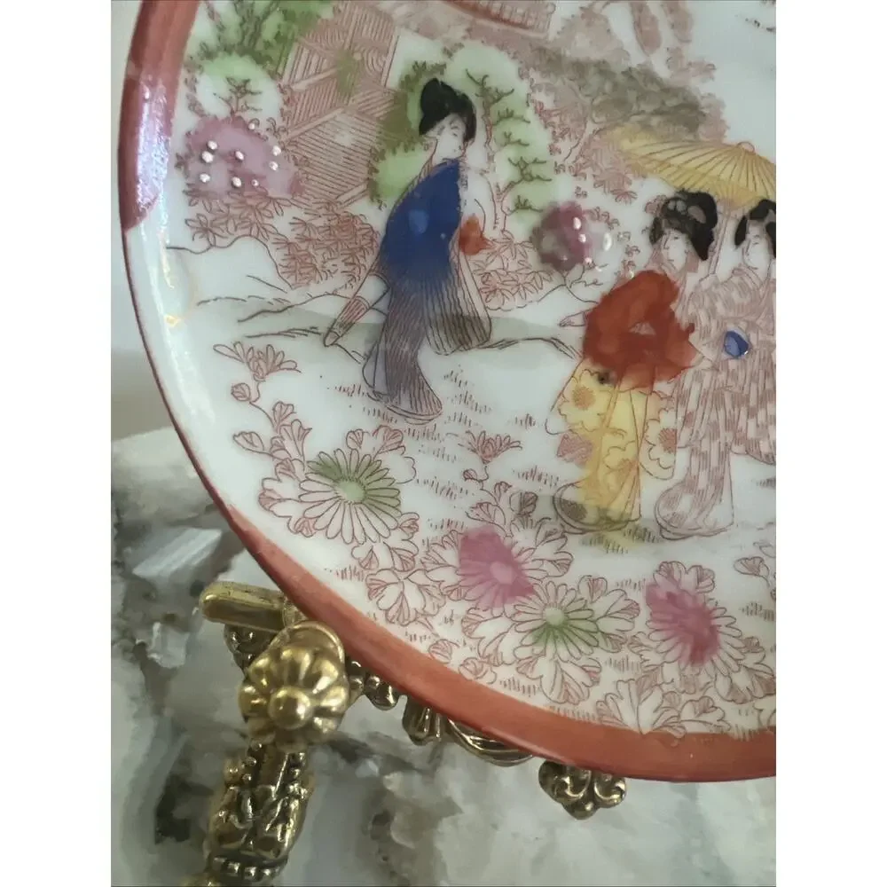 Set Of 3 Vtg Japanese Kutani Porcelain Geisha Saucer Plates Hand Painted 5.5”